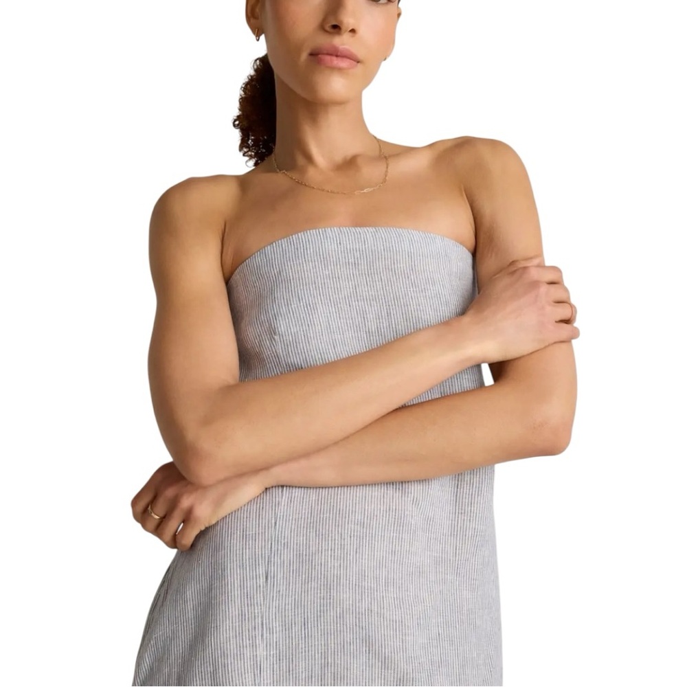 Quince 100% European Linen Strapless Maxi Dress in Blue Pinstripe 🔵⚪️ Size Large - Picture 6 of 10